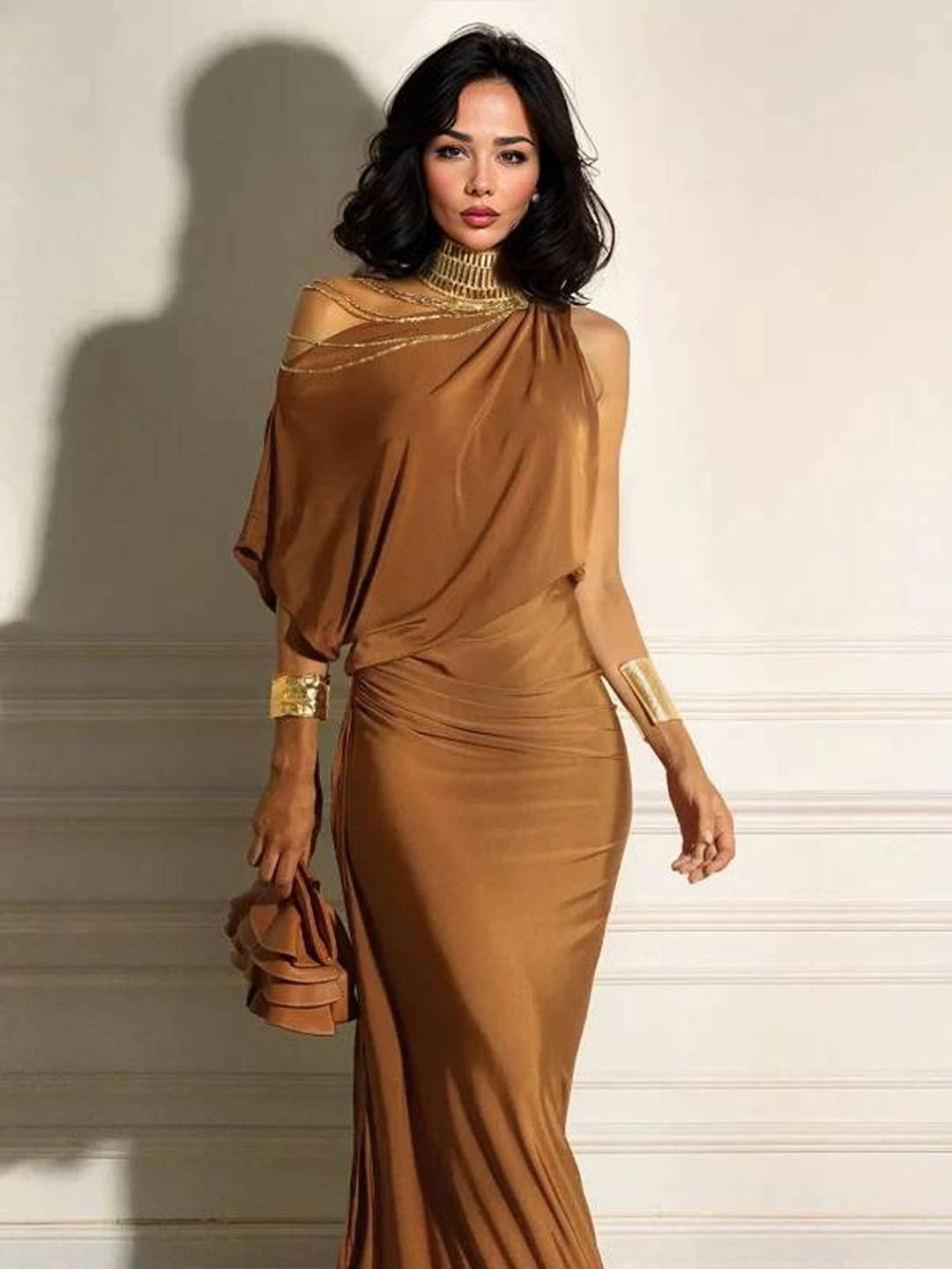 Oblique Collar Off-Shoulder Pleated Maxi Dress