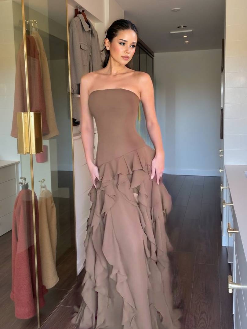 Tube Top Multi-layer Ruffled Side Slit Maxi Dress