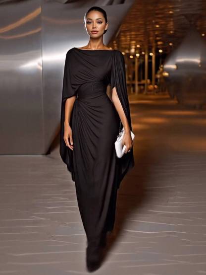 Boat Neck Pleated Slim Fit Maxi Dress