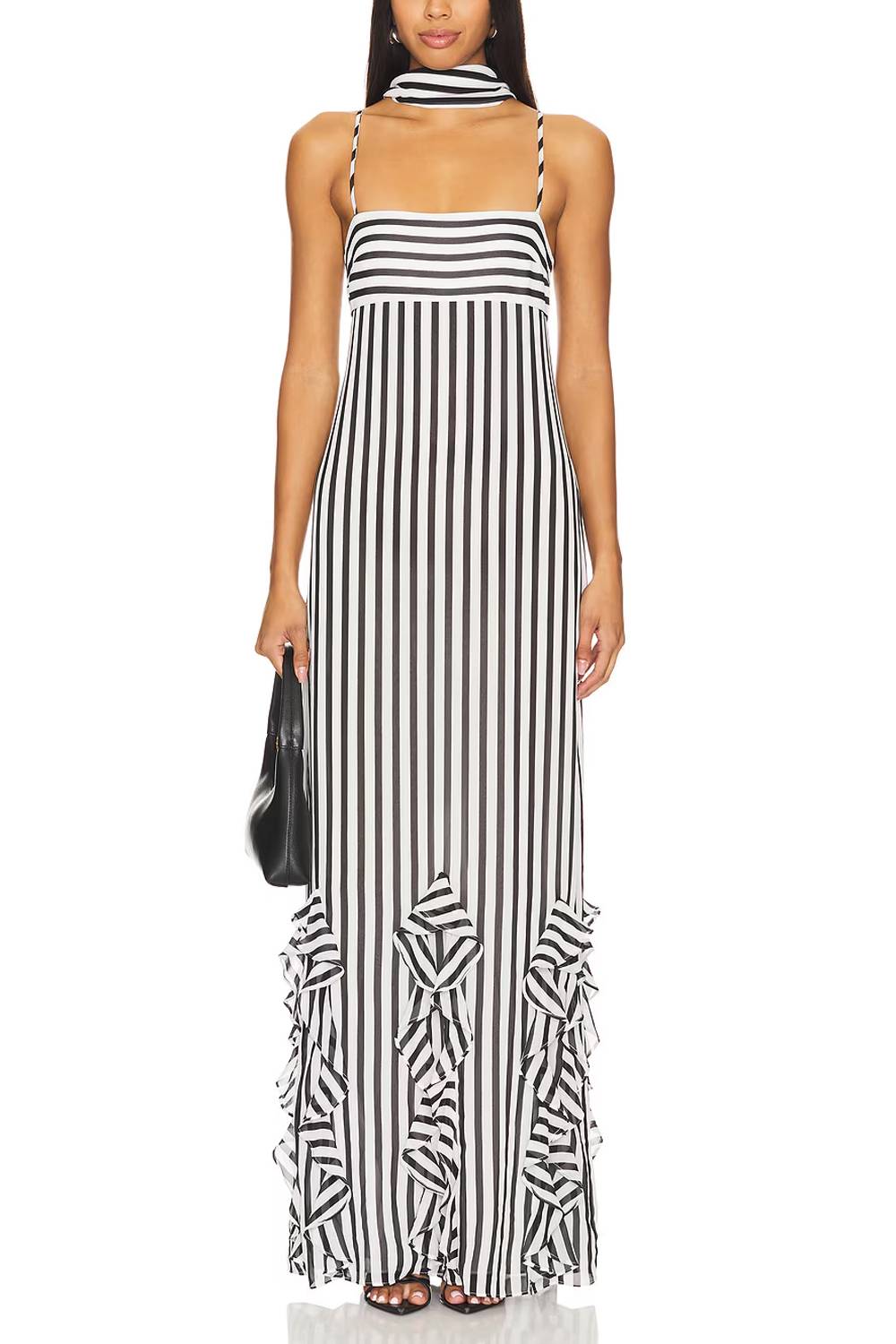 Vacation Striped Strap Ruffled Long Dress