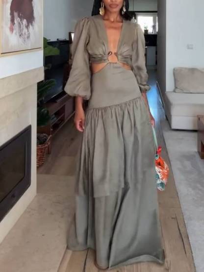 Hollow Out Side Slit Bubble Sleeve Maxi Dress