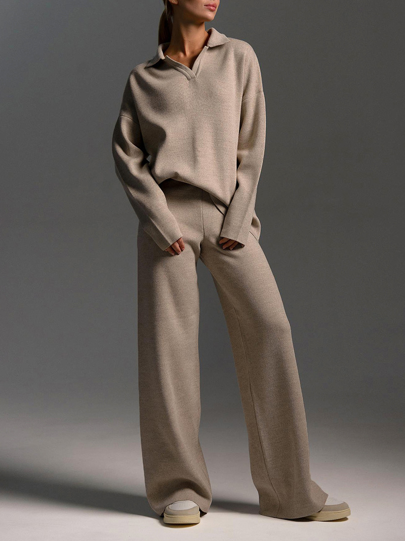 Polo Neck Knitted Pullover Wide Leg Pants Two-Piece Sets