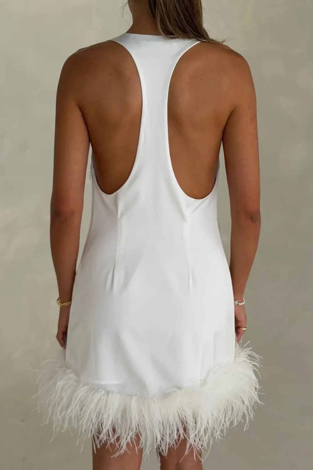 White Satin Feather Hem Halter Sleeveless Mini Slip Dress