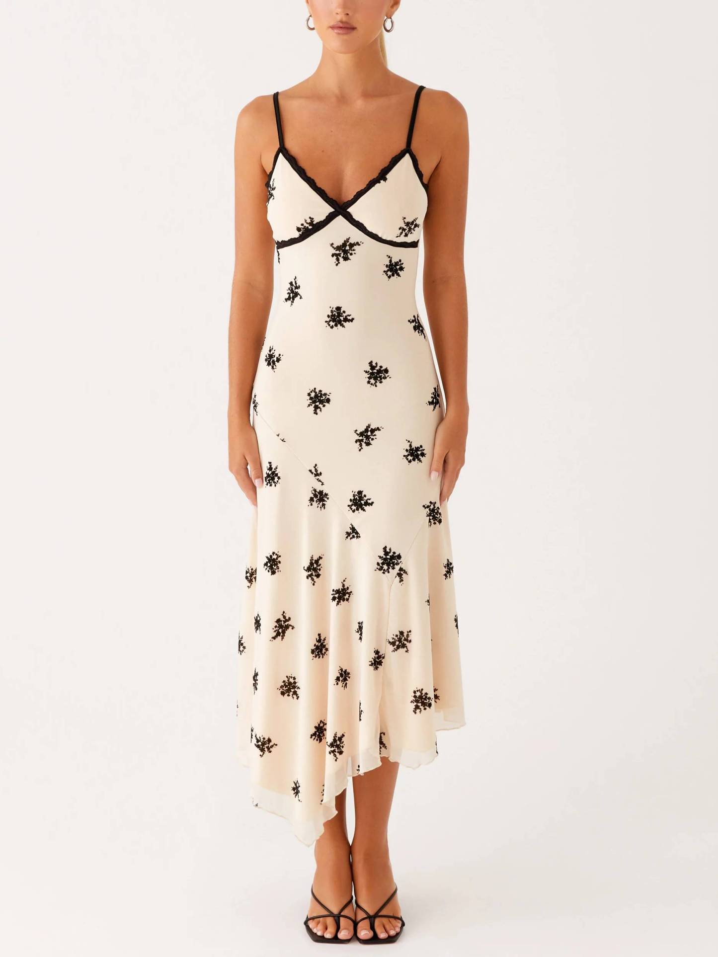 Lace-edged Floral Sling Midi Dress