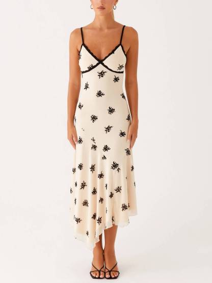 Lace-edged Floral Sling Midi Dress