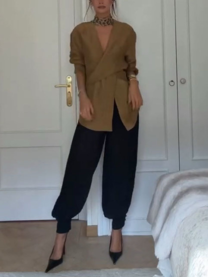 Cross Design Loose Shirt And Lantern Pants Set