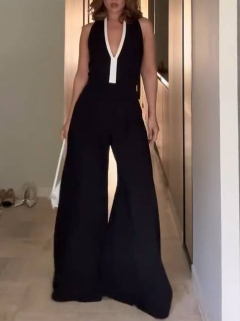 Deep V-neck Black And White Contrast Color Jumpsuit
