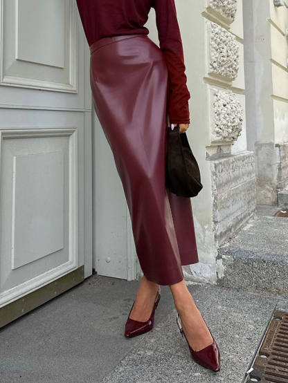 Slit hip-wrap PU Leather Skirt