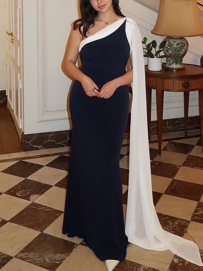 Contrast Color Oblique Shoulder Ribbon Dress