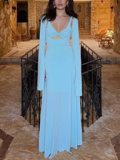 Hollow Design Sling Long Sleeve Maxi Dress