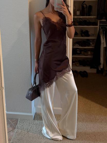 Lace Bevel Hem Sling Dress And Wide-leg Pants Suit - Pants