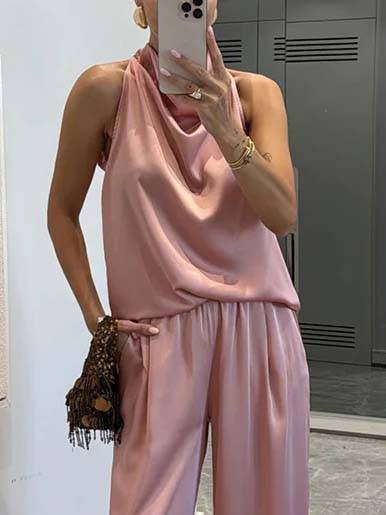 Elegant Halter Neck Swing Collar Top And Wide Leg Pants Suit-Top