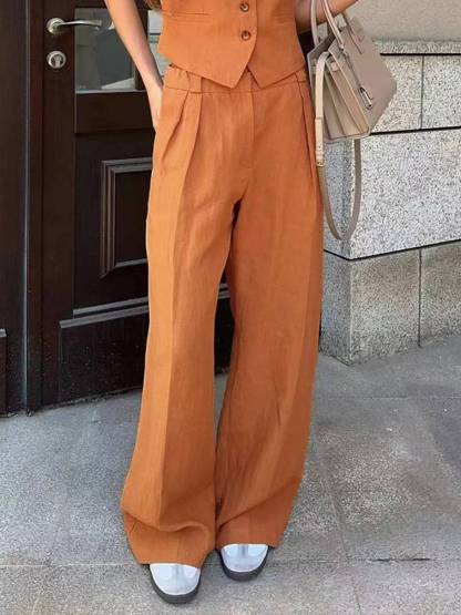 Cotton Linen Vest And Wide Leg Pants Suit-Pants