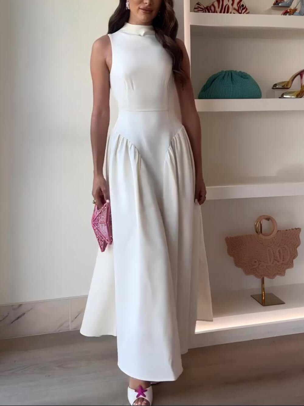 Casual Pleated Slim Low Waist Midi Dress