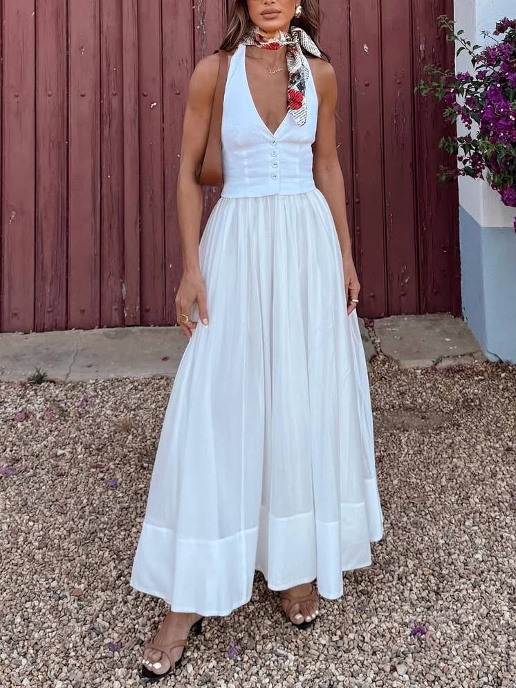 Halter Neck Backless Stitching Fake Two-piece Maxi Dress