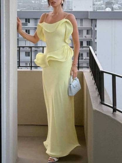 Playful Curled Hem Slim Fit Maxi Dress