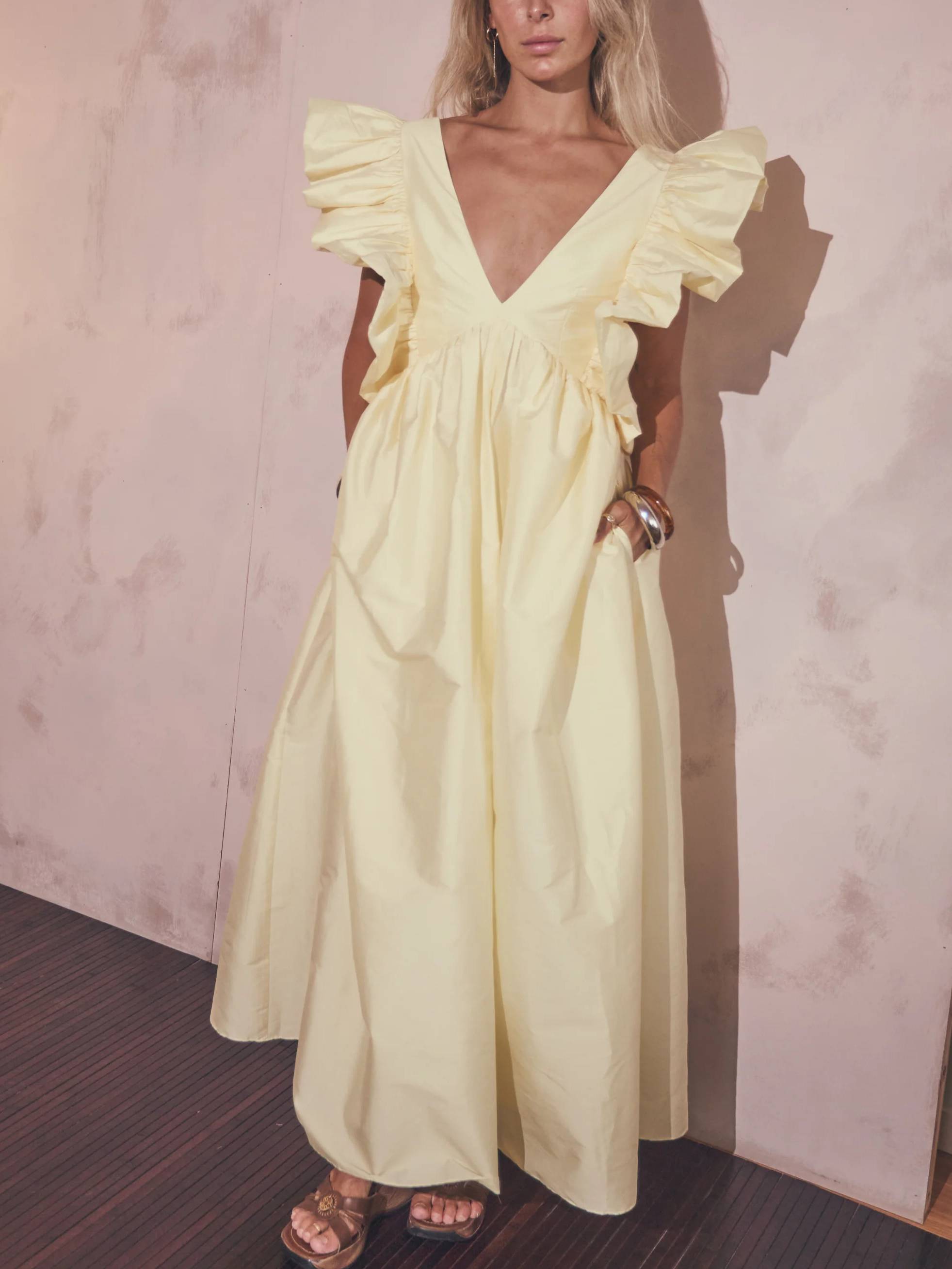 Deep V-neck Small Flying Sleeves Loose Midi Dress