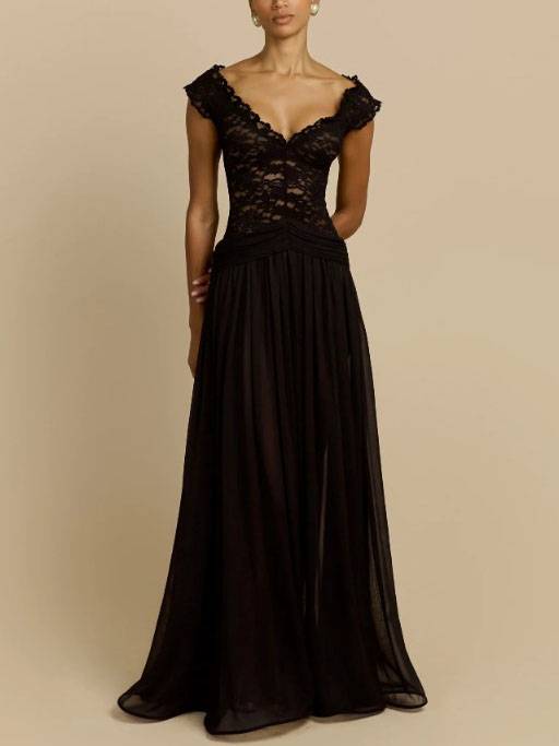 V-Neck Lace-Splicing Maxi Dress