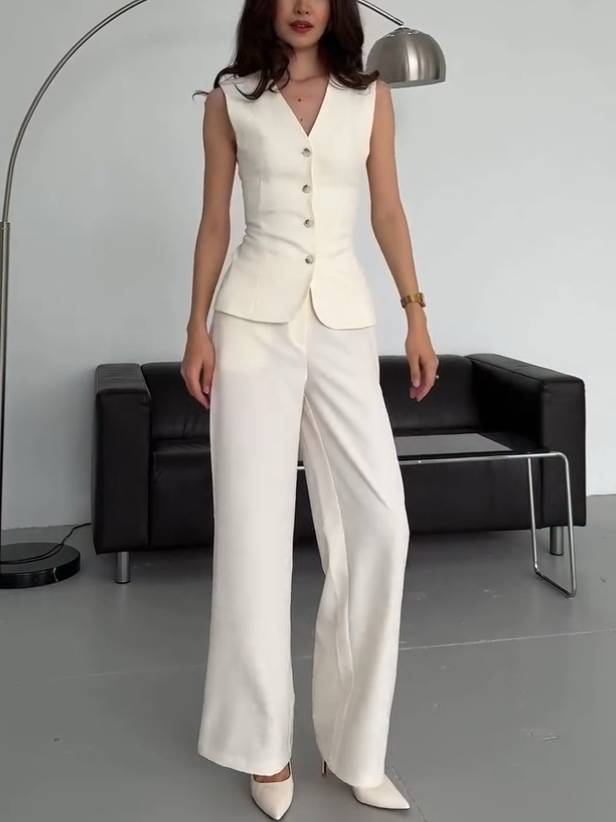 Back Lace-Up Vest And Wide Leg Pants Suit-Vest