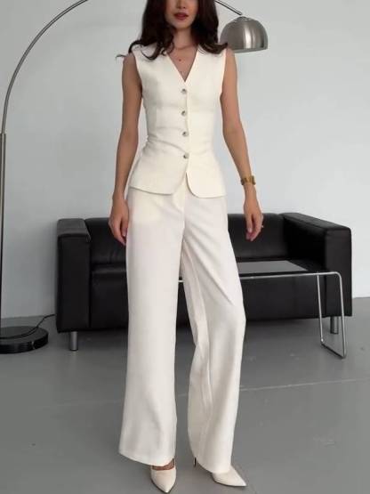 Back Lace-Up Vest And Wide Leg Pants Suit-Pants