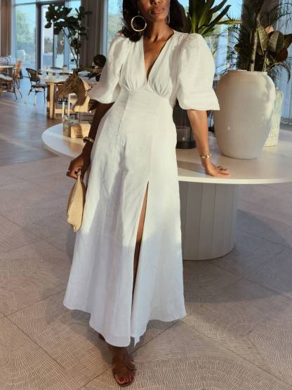 Vintage Bubble Sleeve Side Slit Dress