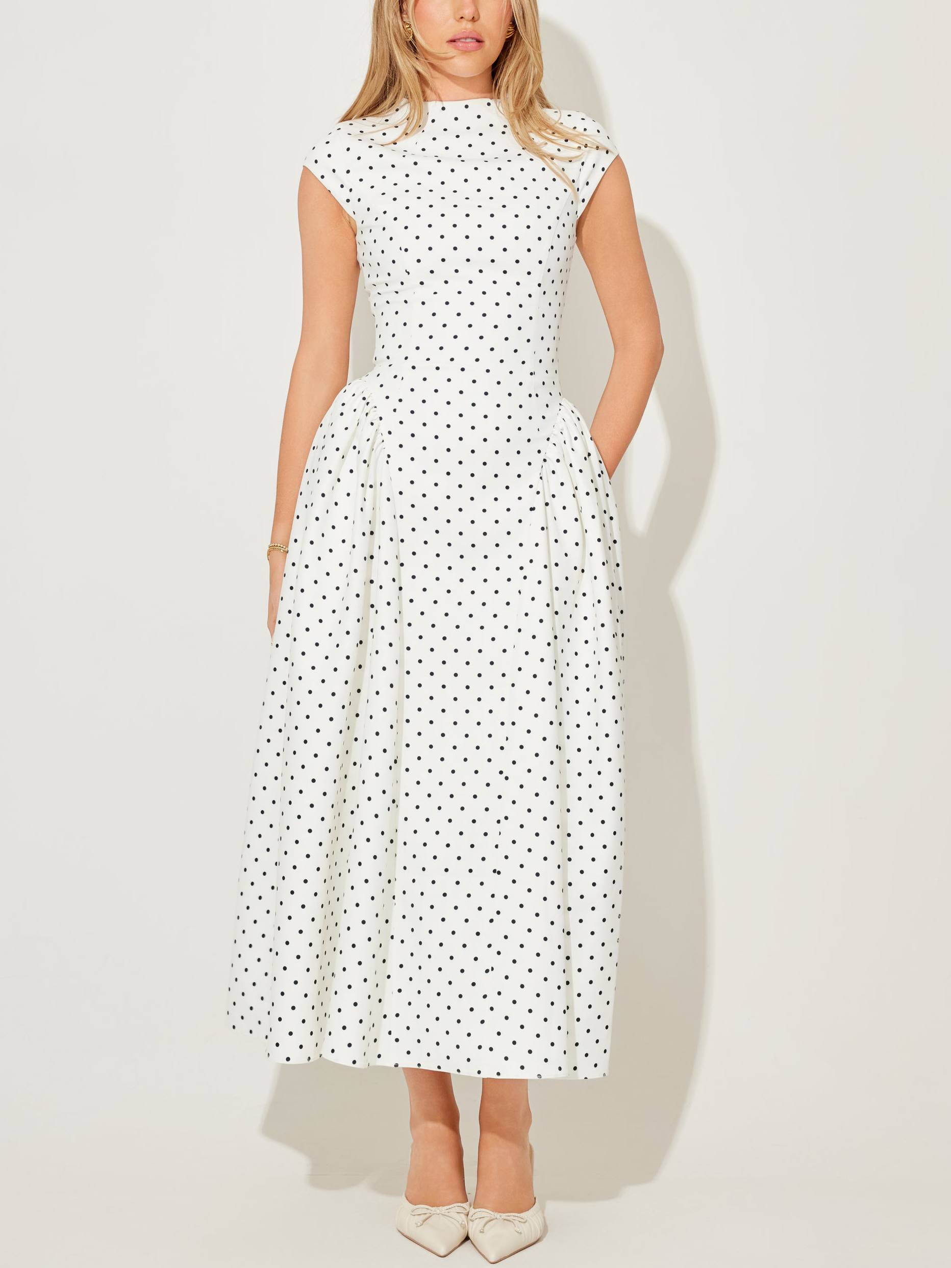 Vintage Polka Dot Short Sleeve Midi Dress