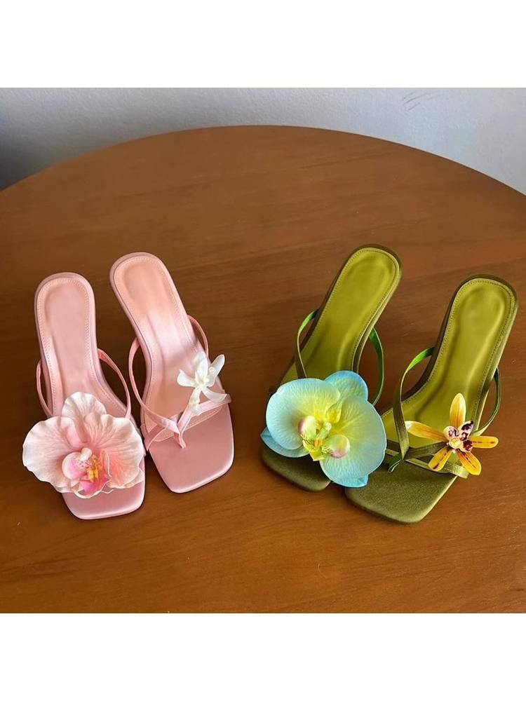 Asymmetric Flower High Heel Slippers
