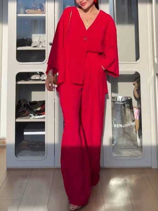 Minimalist Loose Shirt And Wide Leg Pants Suit-Pants