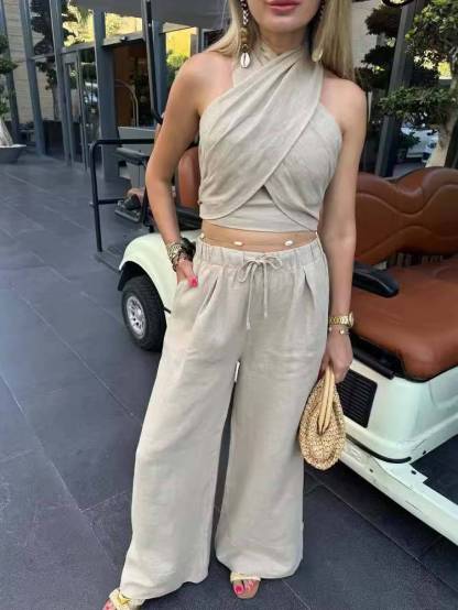 Cross Halter Tank Top And Wide Leg Pants Suit-Pants