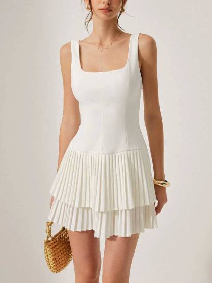 Double Pleated Skirt Sling Mini Dress
