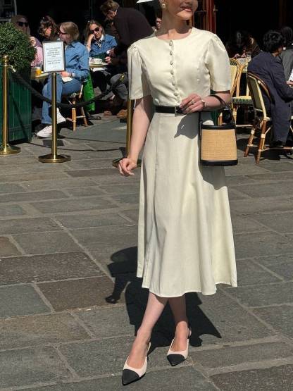 Elegant Retro Round Neck Puff Sleeve High Waist Midi Dress