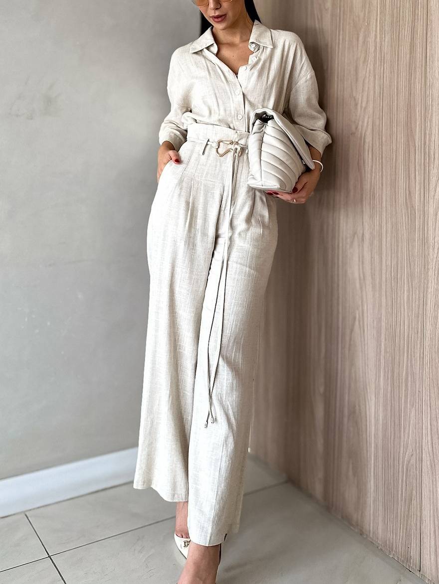Minimalist Shirt And Wide Leg Pants Suit-Shirt