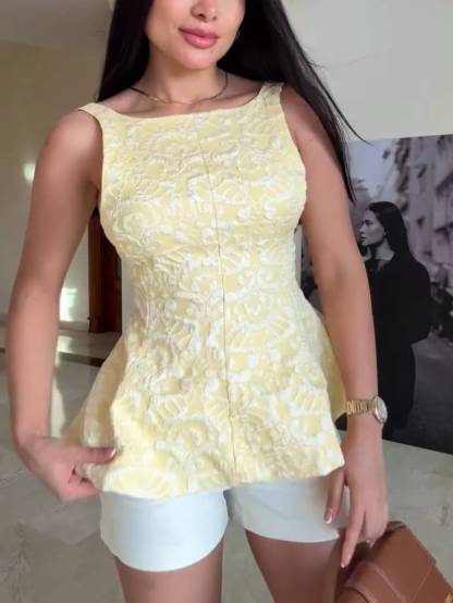 Sweet High Waist A- Line Hem Top And Shorts Suit-Top