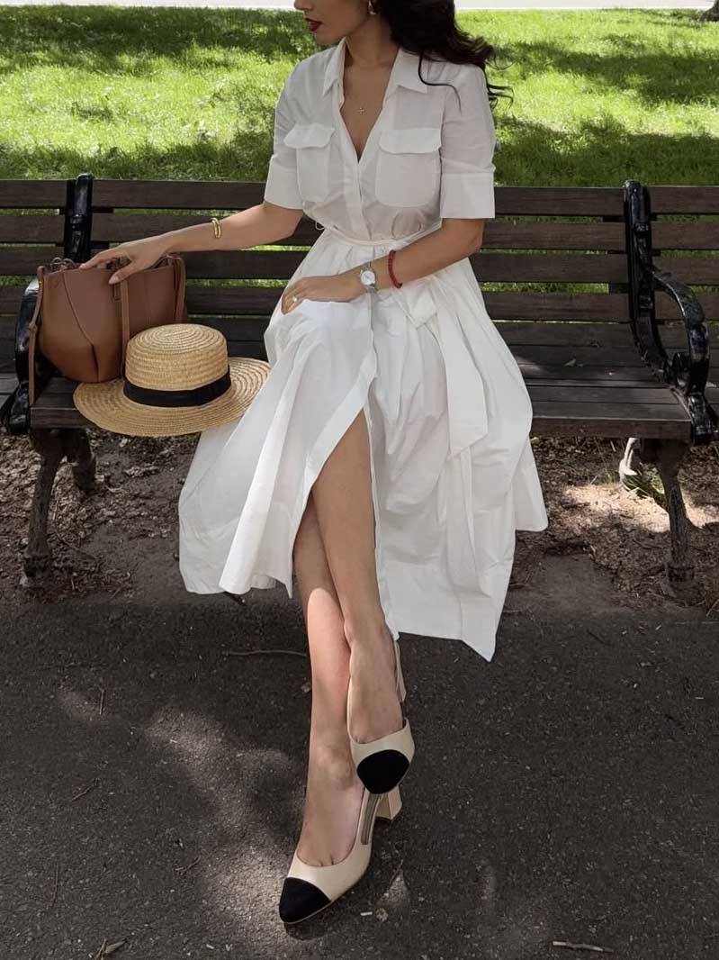 Minimalist Belt High Waist Midi Shirt Dress