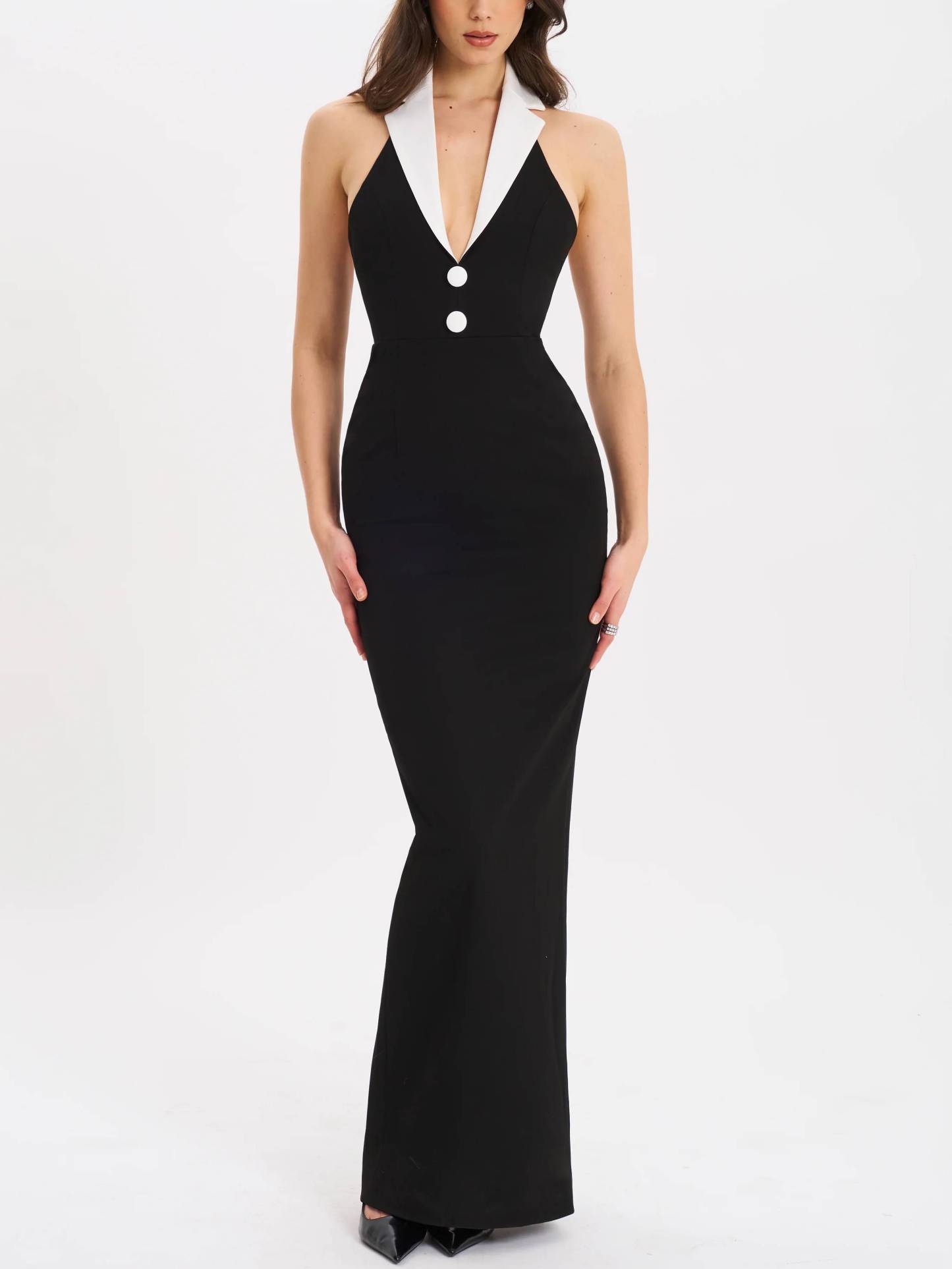 Vintage Elegant Deep V Lapel Slim-Fit Maxi Dress