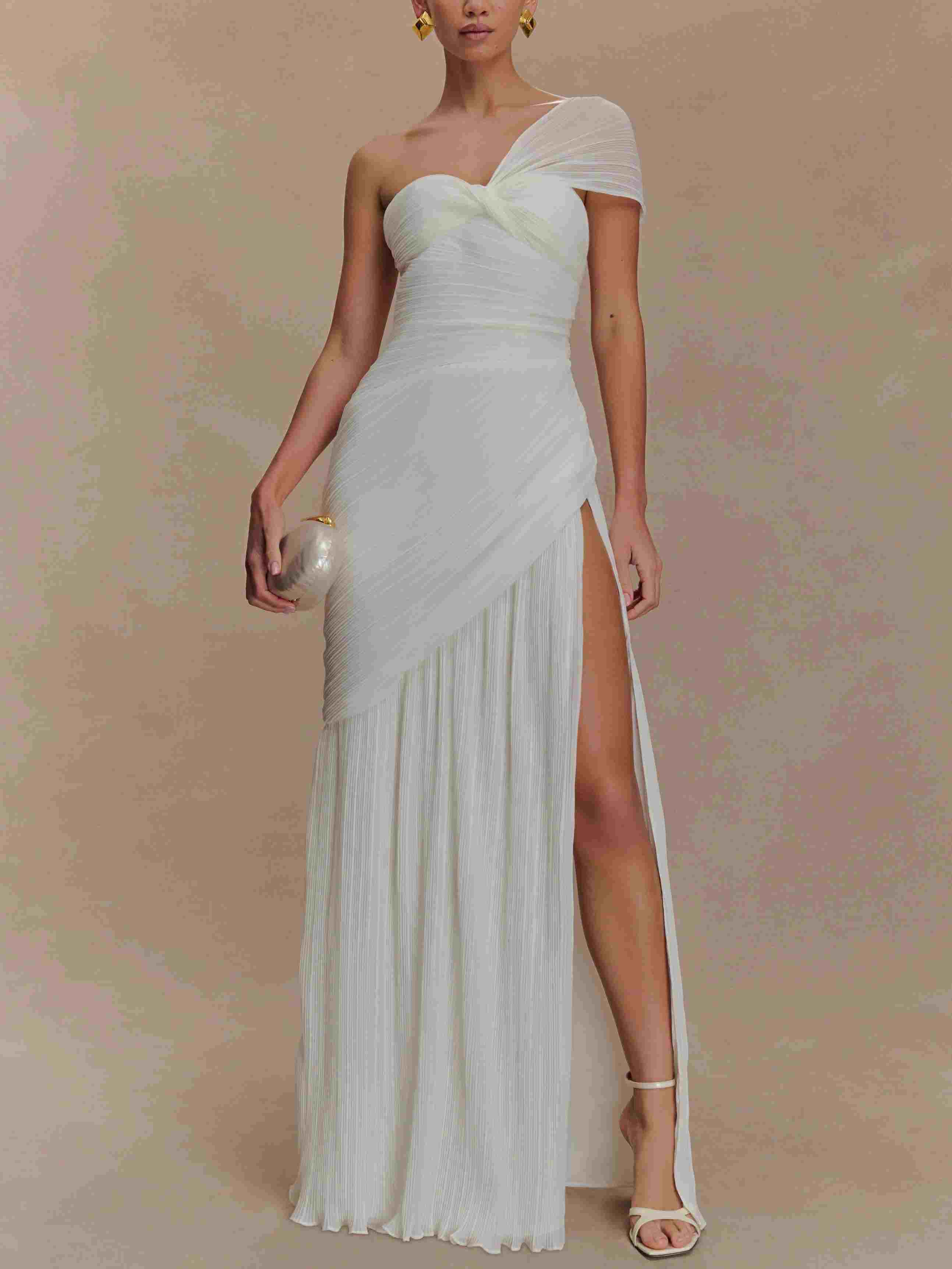 Off-shoulder Pleated Slit Maxi Dress