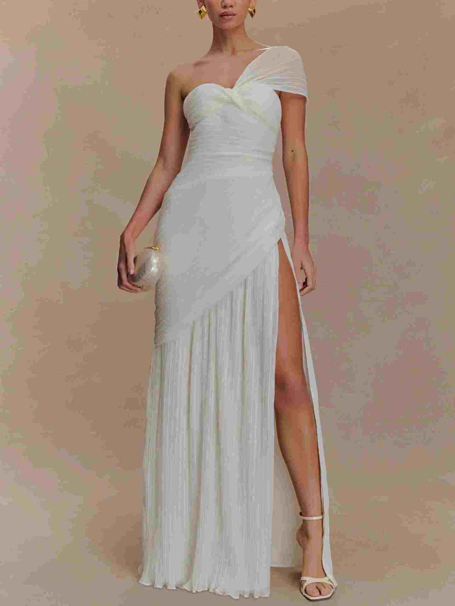 Off-shoulder Pleated Slit Maxi Dress