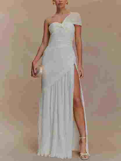 Off-shoulder Pleated Slit Maxi Dress