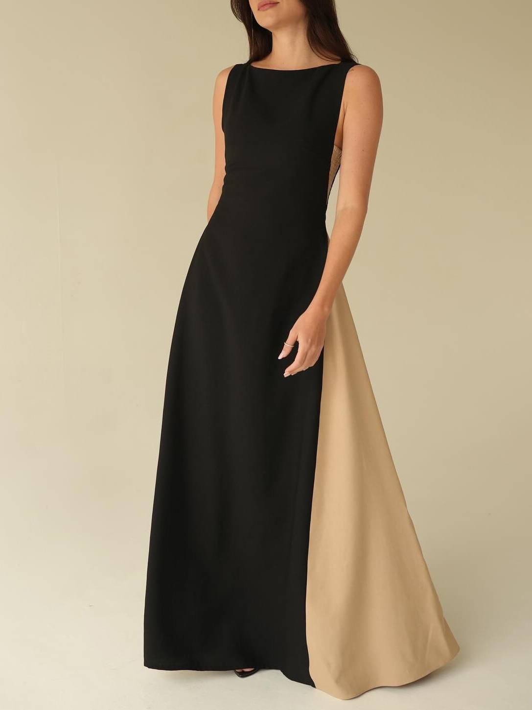Elegant Off-shoulder Color Contrast Maxi Dress