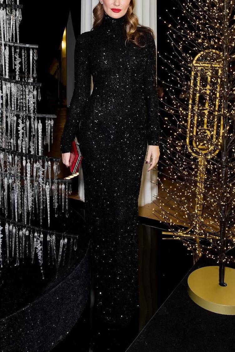 High-neck Shiny Slim-fit Maxi Dress