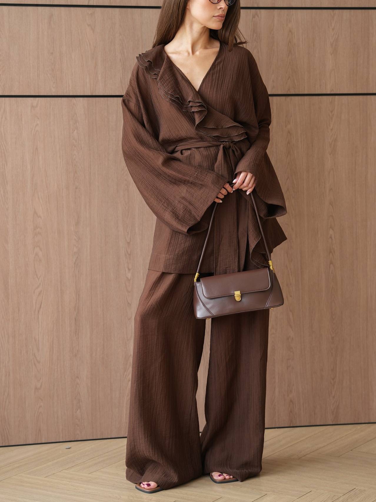 Ruffled Loose Belt Shirt And Wide Leg Pants Suit-Shirt
