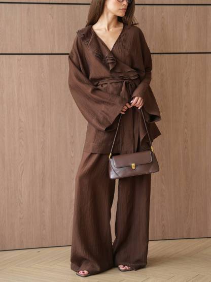 Ruffled Loose Belt Shirt And Wide Leg Pants Suit-Pants