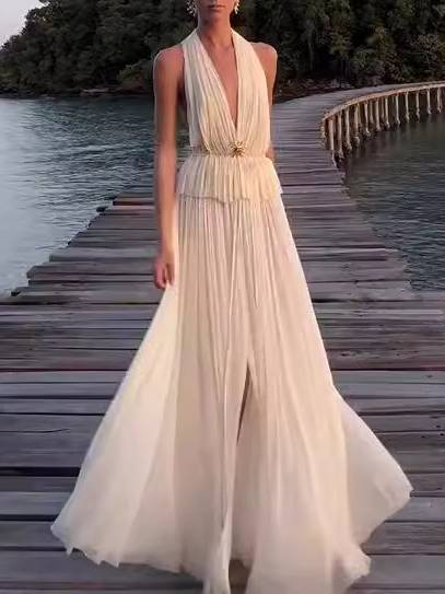 Backless Neck Top Long Skirt Suit