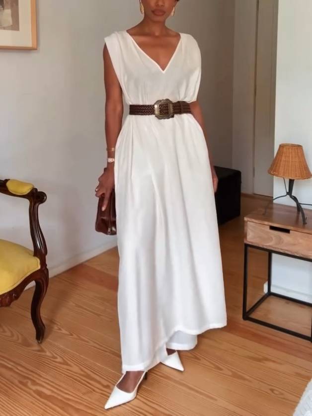 V-neck Loose Dress And Wide Leg Pants Suit (Belt Not Included)