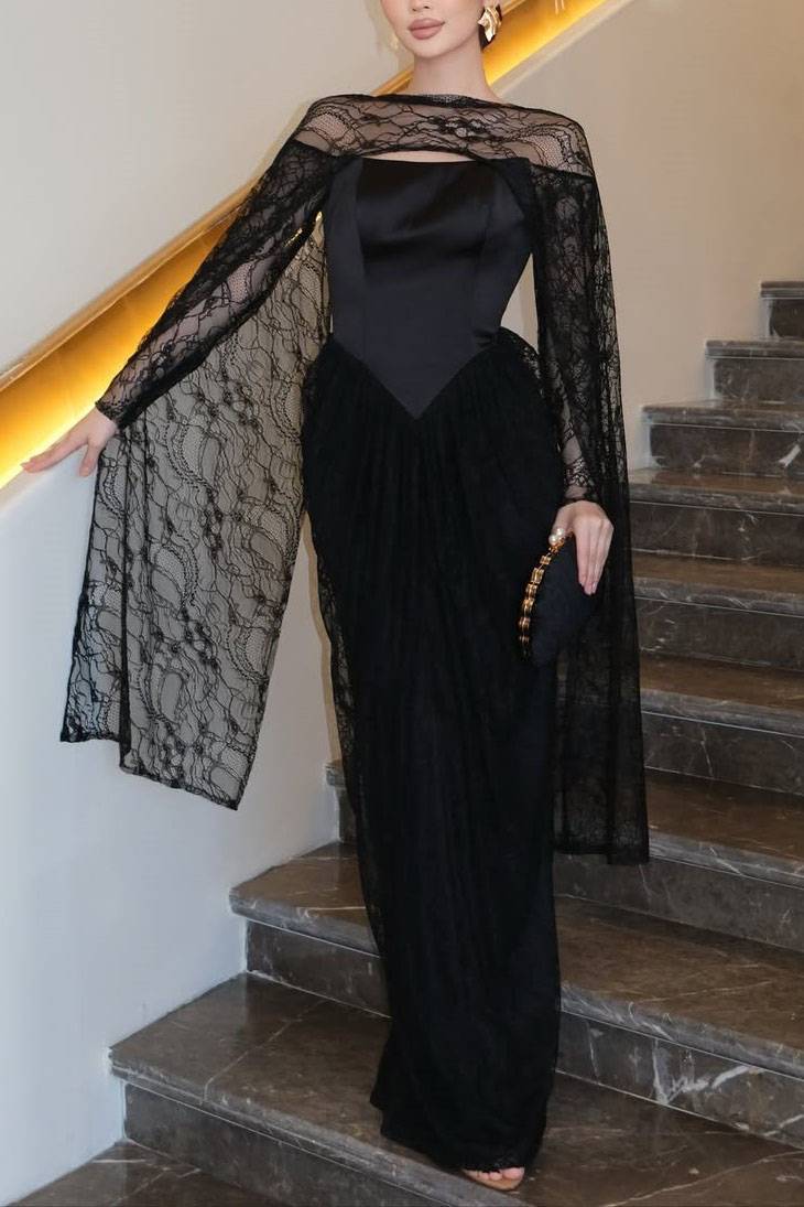 Lace Cape Off-shoulder Long Sleeve Maxi Dress