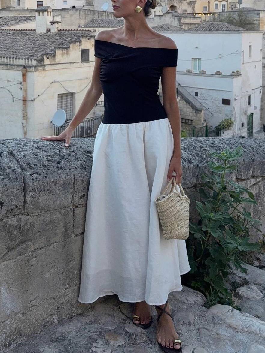 Off-shoulder Color-contrast Splicing Maxi Dress