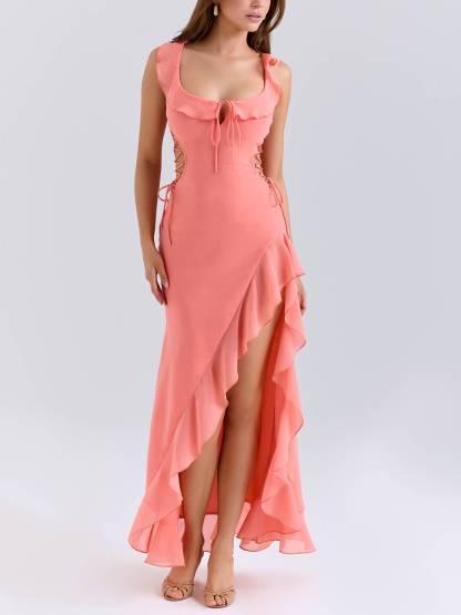 Waist Hollow Lace-up Ruffled Side Front Slit Maxi Dress