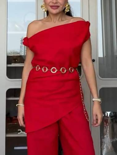 Off-shoulder Top And Wide-leg Pants Suit - Top