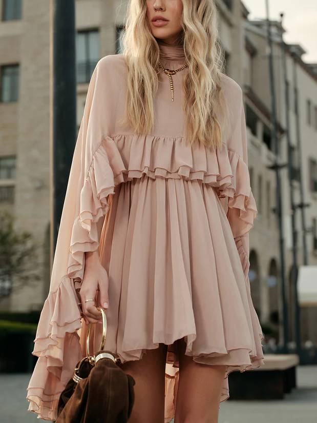Semi-Sheer Chiffon Ruffle Cape And Mini Dress Suit