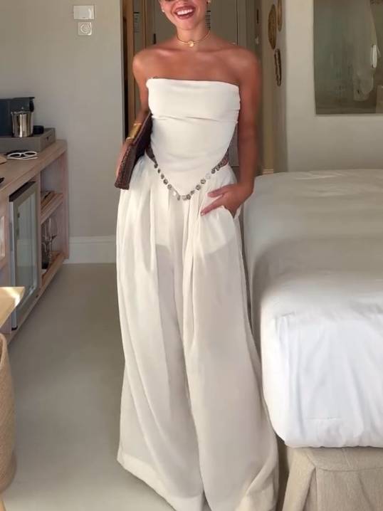 Tube Top Lace-Up Irregular Top And Wide Leg Pants Suit-Pants